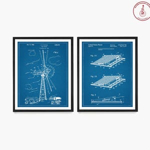 May include: Two blue blueprint style patent drawings in black frames. The left drawing shows a wind turbine with a circular blade design. The right drawing shows a design for a solar panel. The text on the left drawing reads "Oct. 17, 1946", "E. 2,393,791", and "Fig. 1". The text on the right drawing reads "United States Patent", "No. 1,543,277", "Fig. 1A", "Fig. 1B", and "Fig. 3".