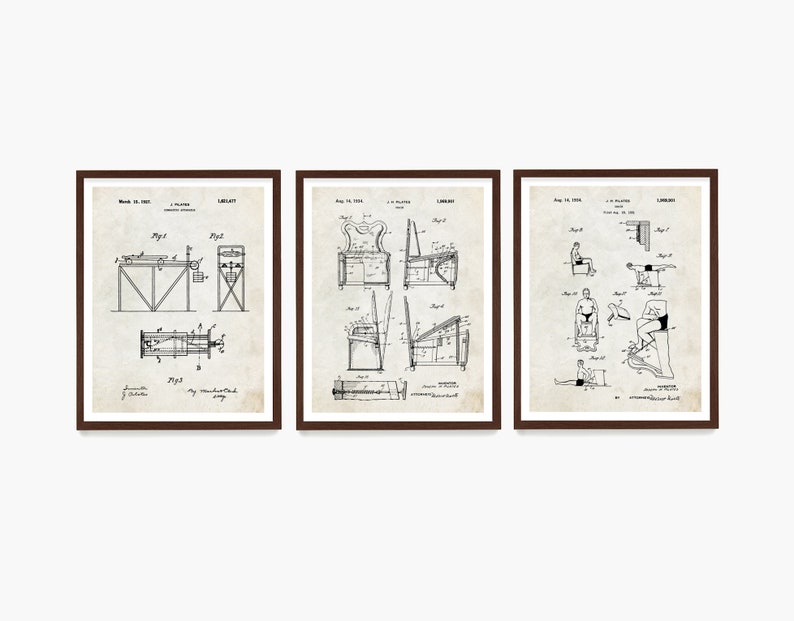 May include: Set of three vintage patent prints in black and white, framed in brown wood. The prints depict different exercise machines, including a rowing machine, a chair with a footrest, and a device for stretching the legs.