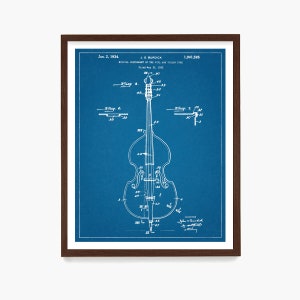 May include: A blue and white blueprint of a musical instrument patent, showing a detailed drawing of a double bass. The patent number is 1,941,595 and the date is January 2, 1934. The text "JS BURDICK" and "MUSICAL INSTRUMENT OF THE VIOL AND VIOLIN TYPE" are also visible.