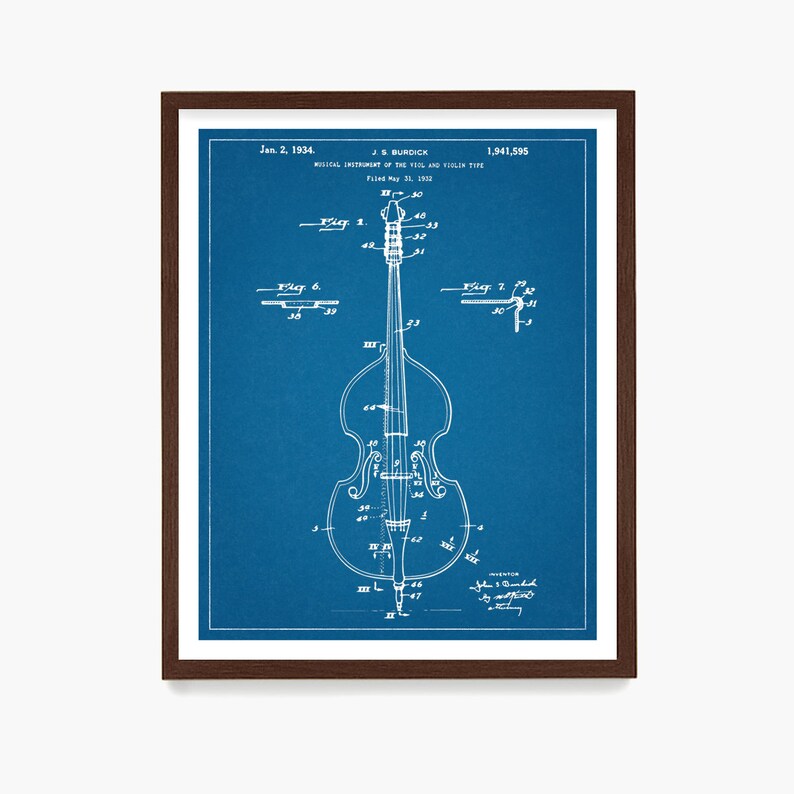May include: A blue and white blueprint of a musical instrument patent, showing a detailed drawing of a double bass. The patent number is 1,941,595 and the date is January 2, 1934. The text "JS BURDICK" and "MUSICAL INSTRUMENT OF THE VIOL AND VIOLIN TYPE" are also visible.