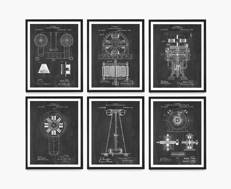 May include: A set of six black and white vintage patent prints featuring illustrations of Nikola Tesla's inventions. The prints are framed in black frames and have a chalkboard background. The prints include the following patent numbers: 568,178, 511,916, 645,576, 465,597, 613,809, and 645,576.