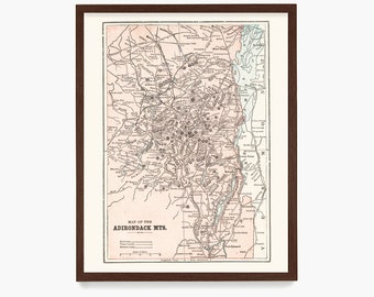 Adirondack Mountains Map, Antique Map Hi Resolution Reproduction, Adirondack Mountains Poster, Upstate New York Home Decor, Cabin Wall Art