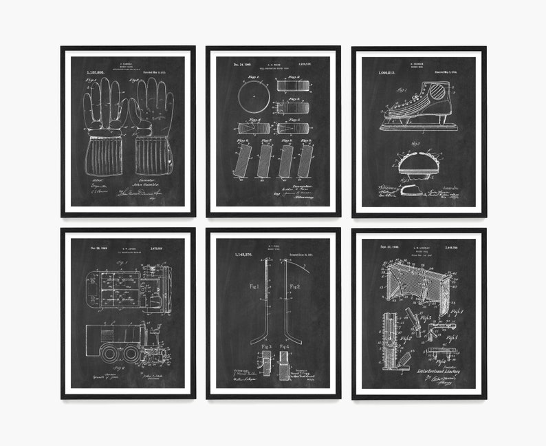 May include: Set of six black and white vintage hockey patent prints. The prints feature drawings of hockey gloves, sticks, skates, and a goal.