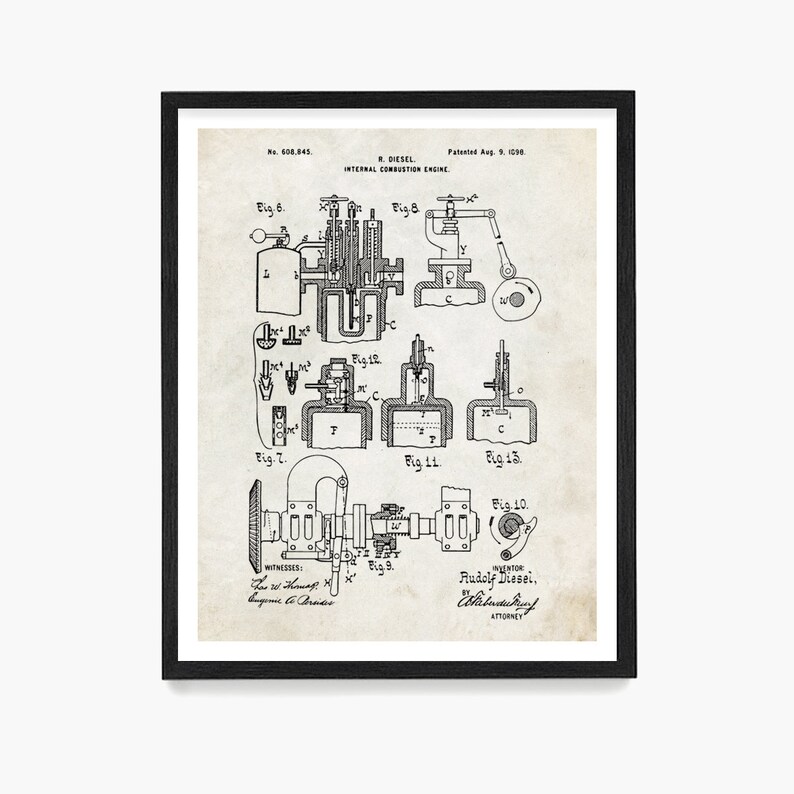 Diesel Engine Patent Poster, Rudolf Diesel, Diesel Mechanic Gift Ideo, Engine Diagram, Engine Poster, Truck Decor Parchment