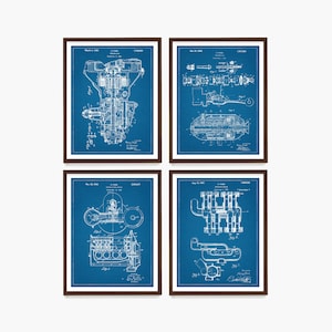 May include: Set of four blue blueprint style prints of vintage engine patents. Each print features a detailed illustration of a different engine design, with text and numbers.