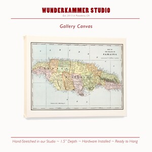 May include: A vintage map of Jamaica, printed on canvas, with a 1.5 inch depth. The map is framed and ready to hang.