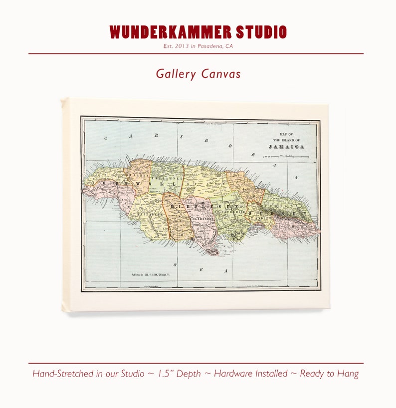 May include: A vintage map of Jamaica, printed on canvas, with a 1.5 inch depth. The map is framed and ready to hang.