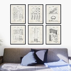 May include: Set of six vintage black and white patent drawings for hockey equipment. The drawings include a hockey stick, a hockey glove, a hockey skate, a hockey net, a hockey puck, and a hockey Zamboni.