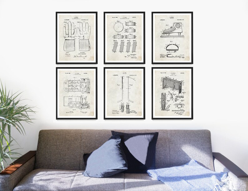 May include: Set of six vintage black and white patent drawings for hockey equipment. The drawings include a hockey stick, a hockey glove, a hockey skate, a hockey net, a hockey puck, and a hockey Zamboni.