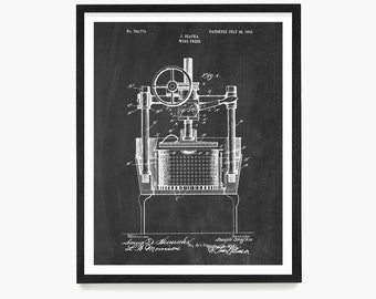 Wine Press Patent Print, Wine Lover Wall Art, Elegant Kitchen Decor, Wine Cellar