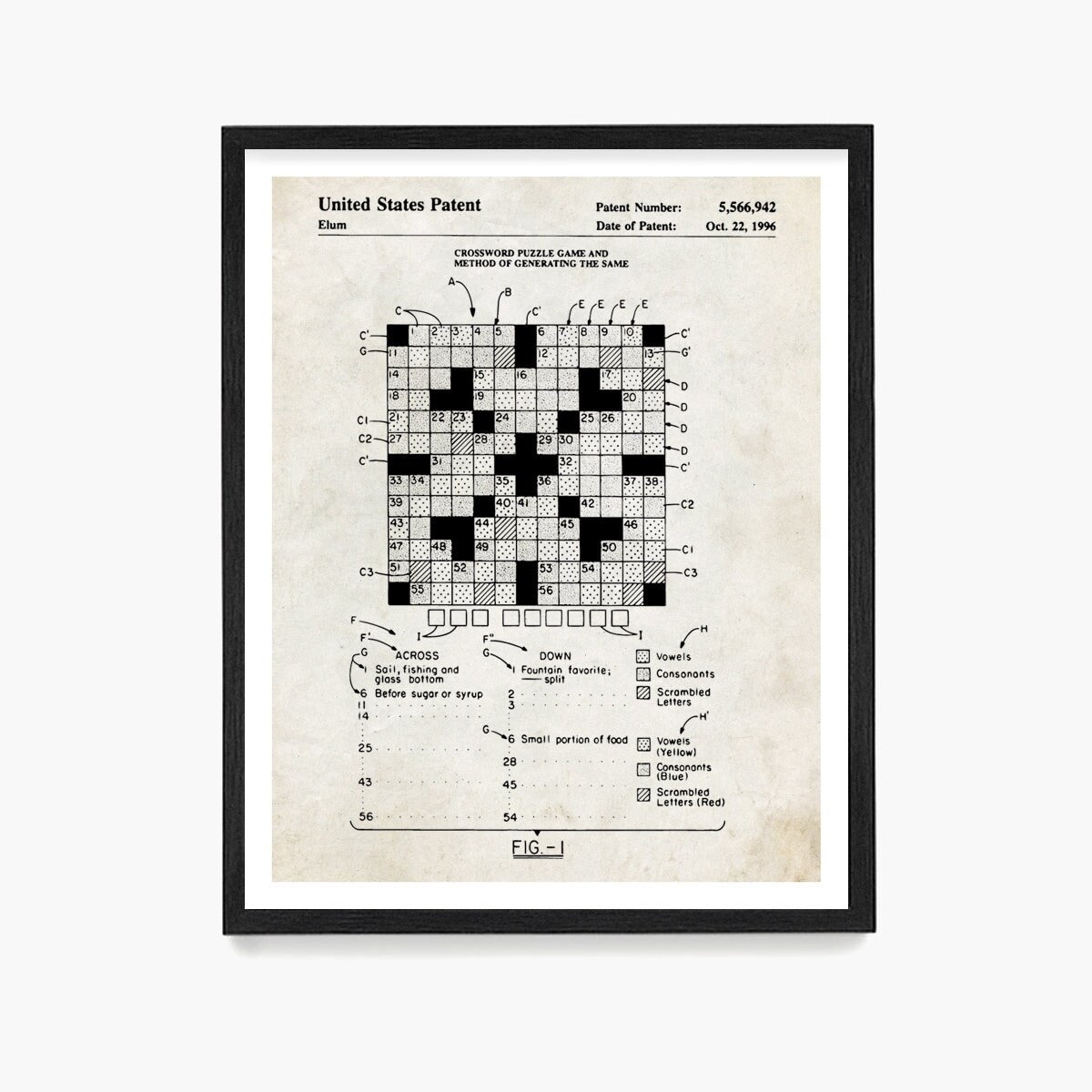 Crossword Puzzle Patent Art Print: Game Room Decor