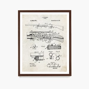 Puede incluir: Dibujo de l&iacute;nea en blanco y negro de una patente de escopeta. El n&uacute;mero de patente es 1.143.170 y la fecha es 15 de junio de 1905. La patente es para una escopeta dise&ntilde;ada por John M. Browning.