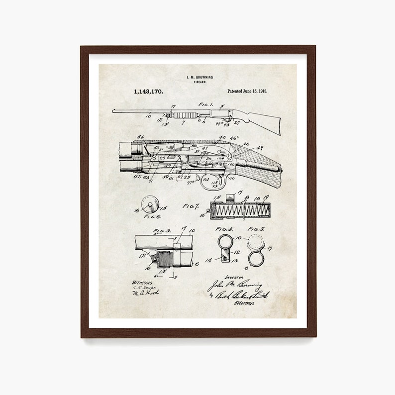Puede incluir: Dibujo de l&iacute;nea en blanco y negro de una patente de escopeta. El n&uacute;mero de patente es 1.143.170 y la fecha es 15 de junio de 1905. La patente es para una escopeta dise&ntilde;ada por John M. Browning.