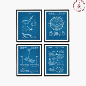 May include: Set of four blue blueprint style prints of golf club and golf ball patents. The prints feature black and white illustrations of the golf equipment.