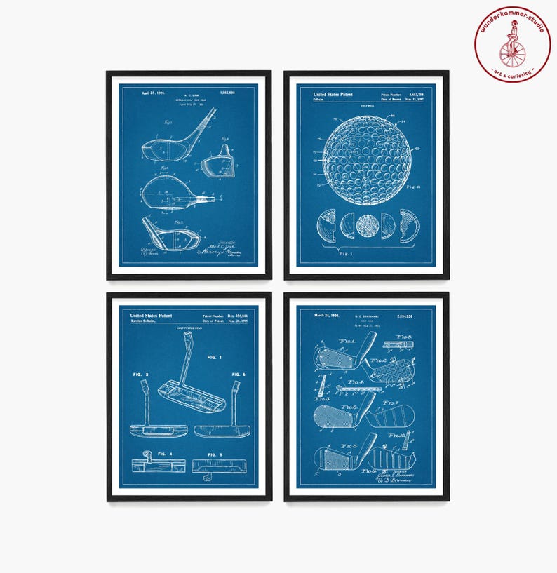 May include: Set of four blue blueprint style prints of golf club and golf ball patents. The prints feature black and white illustrations of the golf equipment.