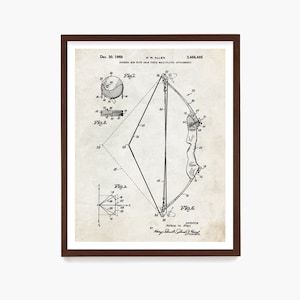 K&ouml;nnte beinhalten: Eine Schwarzwei&szlig;-Zeichnung eines Patents f&uuml;r einen Bogen mit Zugkraftvervielfachenden Anbauteilen. Die Patentnummer lautet 3.486.495 und das Datum ist der 30. Dezember 1969. Der Erfinder ist Norless W. Allen.