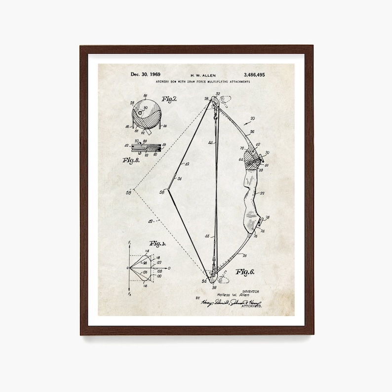 K&ouml;nnte beinhalten: Eine Schwarzwei&szlig;-Zeichnung eines Patents f&uuml;r einen Bogen mit Zugkraftvervielfachenden Anbauteilen. Die Patentnummer lautet 3.486.495 und das Datum ist der 30. Dezember 1969. Der Erfinder ist Norless W. Allen.