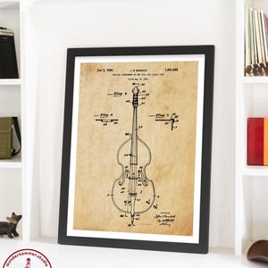 May include: A vintage patent drawing for a musical instrument, a bass, with the title "Musical Instrument of the Violin and Violin Type" and patent number 1,941,595. The drawing is in black and white and shows the instrument in detail.