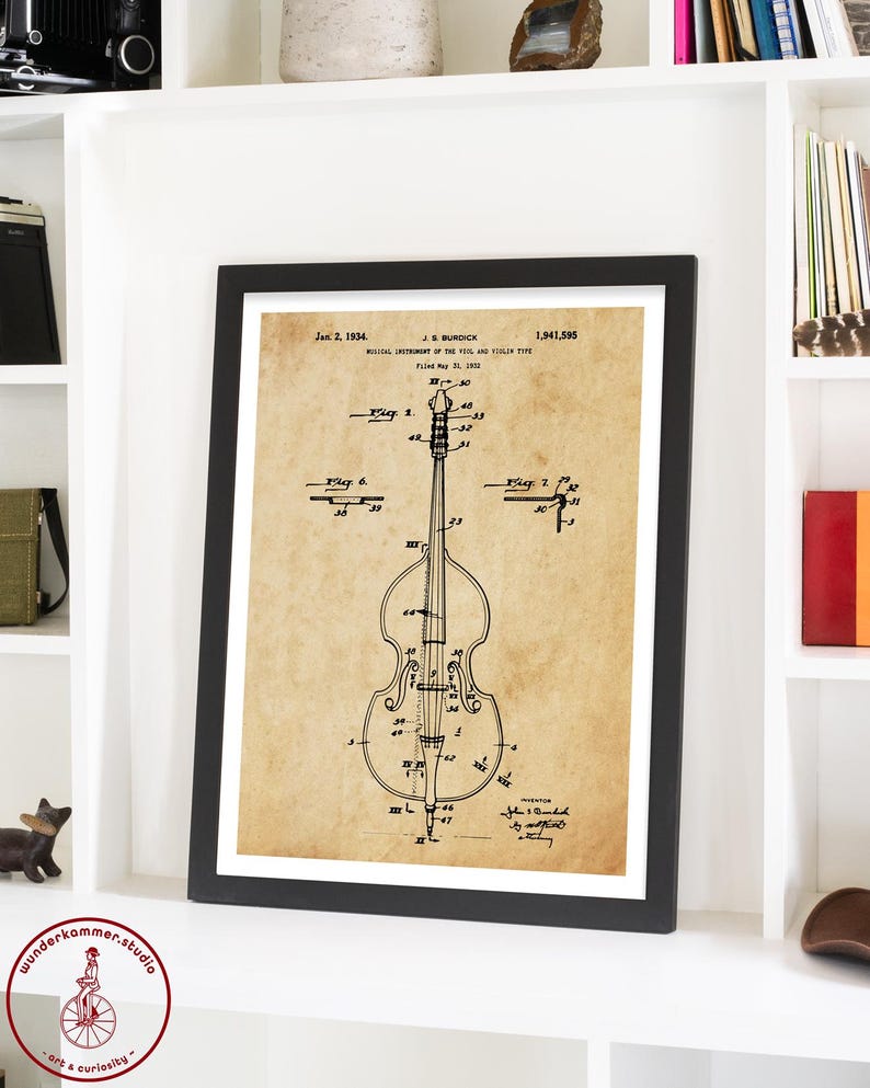 May include: A vintage patent drawing for a musical instrument, a bass, with the title "Musical Instrument of the Violin and Violin Type" and patent number 1,941,595. The drawing is in black and white and shows the instrument in detail.