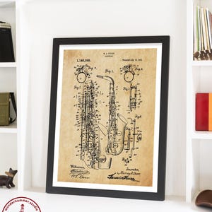 May include: A vintage patent drawing for a saxophone, with the patent number 1,146,368 and the date July 1, 1915. The drawing shows a detailed illustration of the saxophone, with various parts labeled and numbered.