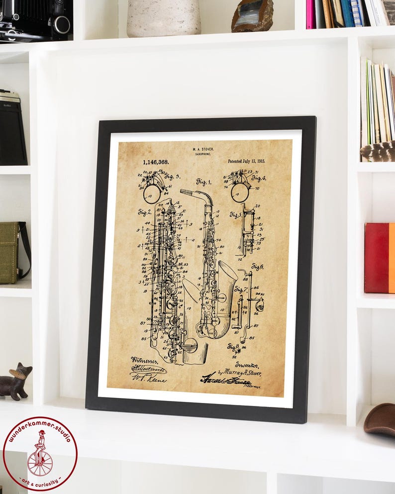 May include: A vintage patent drawing for a saxophone, with the patent number 1,146,368 and the date July 1, 1915. The drawing shows a detailed illustration of the saxophone, with various parts labeled and numbered.