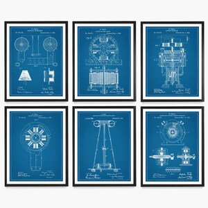 May include: Set of six blue blueprint style prints of Nikola Tesla's patents for electrical inventions. The prints feature drawings of electrical motors, generators, and other inventions. Each print includes the patent number, date, and Tesla's signature.