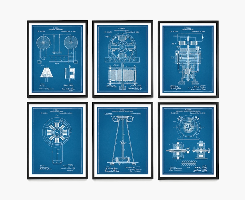 May include: Set of six blue blueprint style prints of Nikola Tesla's patents for electrical inventions. The prints feature drawings of electrical motors, generators, and other inventions. Each print includes the patent number, date, and Tesla's signature.