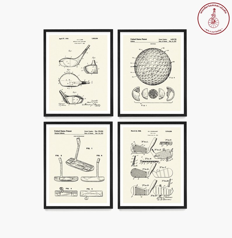 May include: Set of four vintage golf-related patent drawings. The drawings are in black and white and feature a golf ball, a golf club, and a golf putter. The drawings are framed in black frames and have a white background.