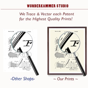 May include: Two images side-by-side comparing the quality of prints. The image on the left shows a blurry, pixelated patent drawing of a golf club with a magnifying glass over it. The image on the right shows a crisp, vectorized patent drawing of a golf club with a magnifying glass over it. The text "We Trace & Vector each Patent for the Highest Quality Prints!" is above the images. The text "Other Shops" is below the left image and the text "Our Prints" is below the right image.