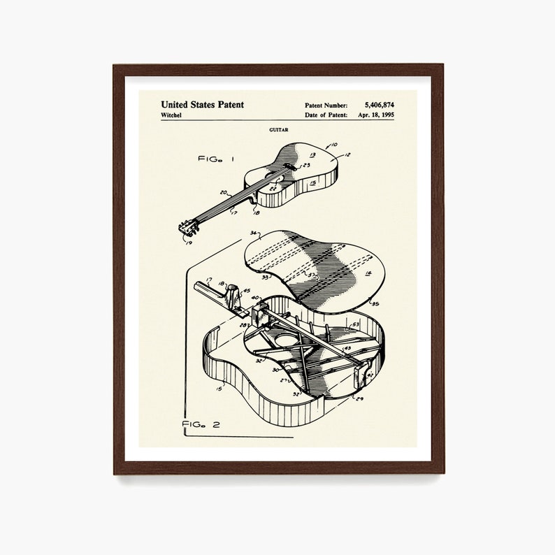 Acoustic Guitar Patent Print, Dreadnaught Guitar Poster, Guitar Wall Art, Musician Gift, Music Art, Guitar Gift Ivory