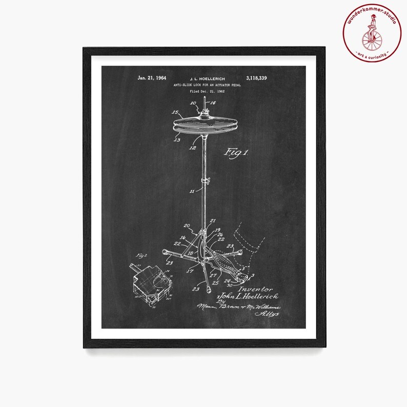 May include: Black and white illustration of a patent for an anti-slide lock for a hi-hat pedal. The patent is dated January 21, 1964, and the inventor is John L. Hoellerich.