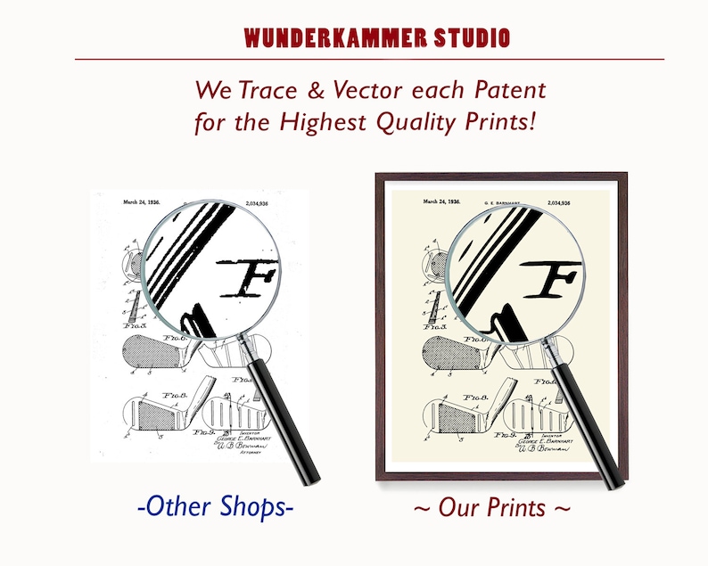 May include: A framed print of a golf club patent, with a magnifying glass overlay. The print is in black and white, with the text "WUNDERKAMMER STUDIO" and "We Trace & Vector each Patent for the Highest Quality Prints!" at the top. The text "-Other Shops-" and "~ Our Prints ~" are at the bottom.