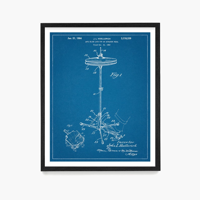 May include: A blue and white blueprint of a patent for an anti-slide lock for an actuator pedal. The patent is titled "Anti-Slide Lock for an Actuator Pedal" and was filed on December 21, 1962. The patent number is 3,118,339. The patent drawing shows a hi-hat stand with a cymbal and a foot pedal.