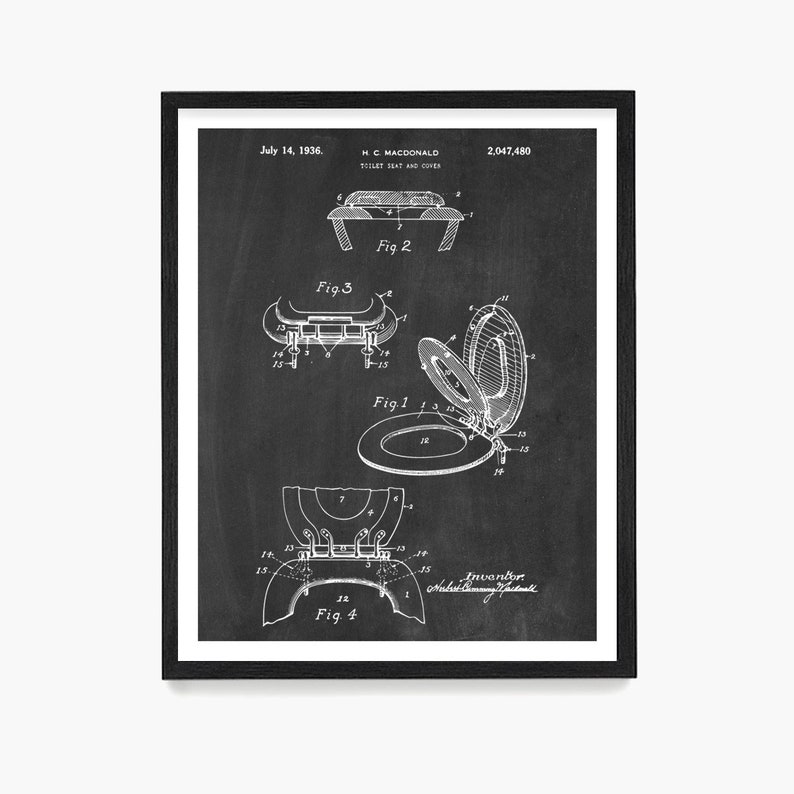 May include: Black and white illustration of a toilet seat and cover patent drawing. The patent number is 2,047,480 and the date is July 14, 1936. The patent is for a toilet seat and cover with a hinged lid.
