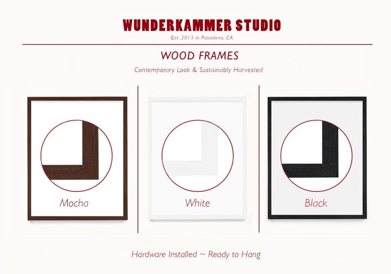May include: Three wood picture frames against a white background. The frames are shown in mocha, white, and black. The text "Mocha", "White", and "Black" is below each frame. The text "WUNDERKAMMER STUDIO" is at the top of the image. The text "Est. 2013 in Pasadena, CA" is below the studio name. The text "WOOD FRAMES" is below the studio address. The text "Contemporary Look & Sustainably Harvested" is below the frame type. The text "Hardware Installed ~ Ready to Hang" is at the bottom of the image.