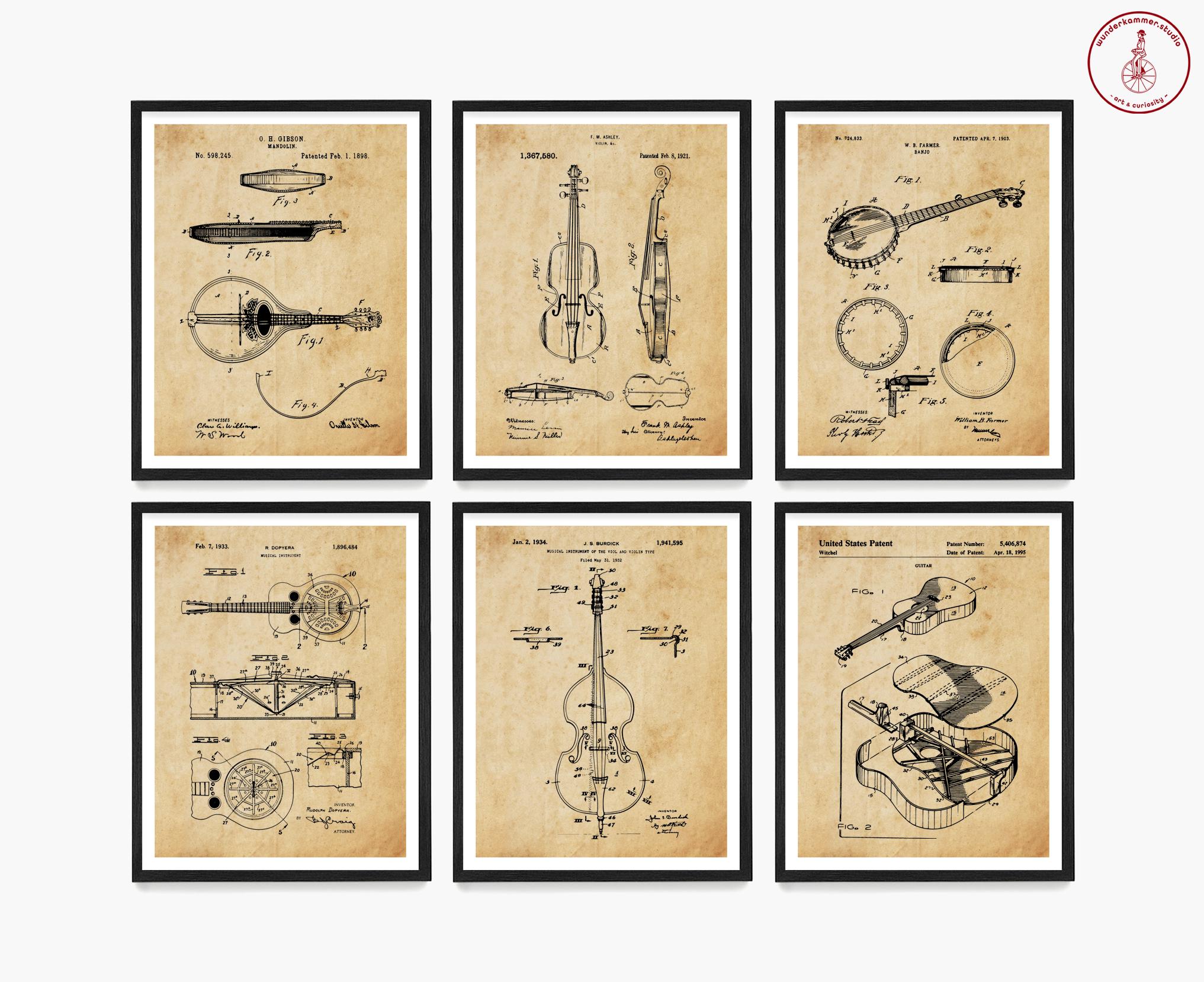 Bluegrass Music Instrument Patent Art Print: Mandolin, Banjo, Guitar ...