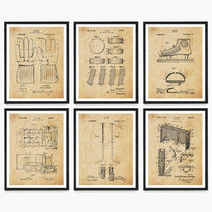 May include: Set of six vintage-style black and white patent drawings for hockey equipment. The drawings include a pair of hockey gloves, a hockey stick, a hockey skate, a hockey puck, a hockey goal, and a Zamboni ice resurfacer.