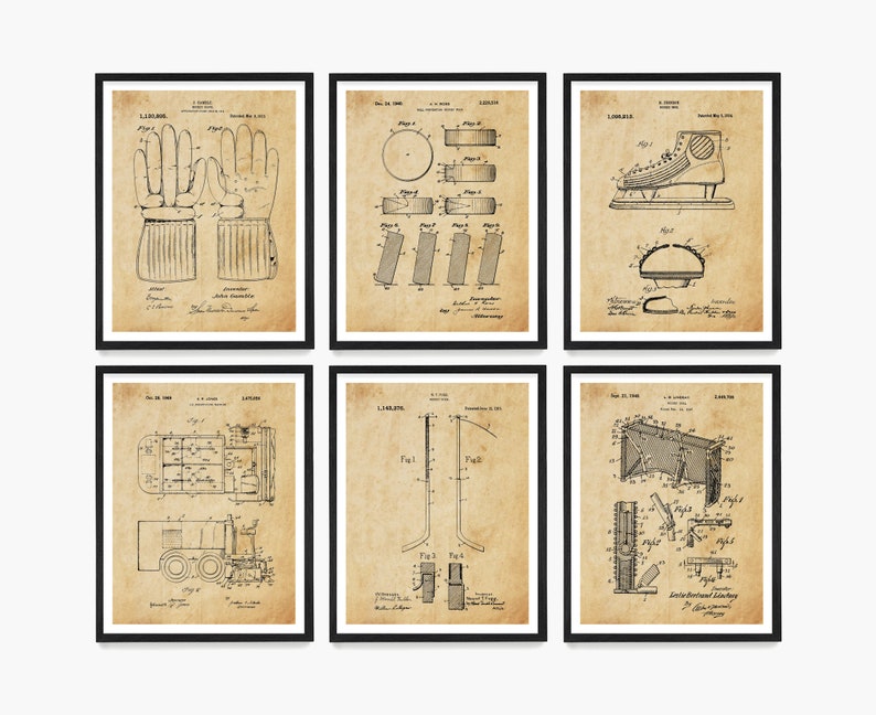 May include: Set of six vintage-style black and white patent drawings for hockey equipment. The drawings include a pair of hockey gloves, a hockey stick, a hockey skate, a hockey puck, a hockey goal, and a Zamboni ice resurfacer.