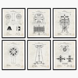 May include: A set of six black and white vintage patent prints featuring illustrations of Nikola Tesla's inventions. The prints are framed in black frames and have a distressed, aged look. The prints include the following titles: "Electro Magnetic Transformer", "Alternating Electric Motor", "Electric Motor", "Alternating Electric Motor", "System of Transmission of Electrical Energy", and "Alternating Electric Motor".