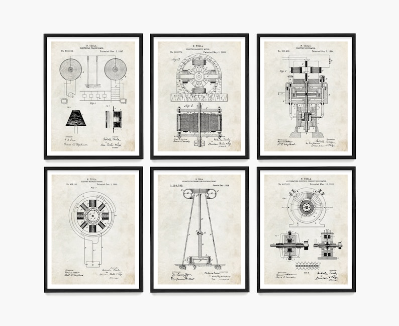 May include: A set of six black and white vintage patent prints featuring illustrations of Nikola Tesla's inventions. The prints are framed in black frames and have a distressed, aged look. The prints include the following titles: "Electro Magnetic Transformer", "Alternating Electric Motor", "Electric Motor", "Alternating Electric Motor", "System of Transmission of Electrical Energy", and "Alternating Electric Motor".