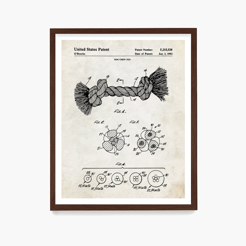 May include: Black and white line drawing of a dog chew toy patent. The patent number is 5,215,038 and the date of patent is June 1, 1993. The drawing shows a rope toy with a knot in the middle.
