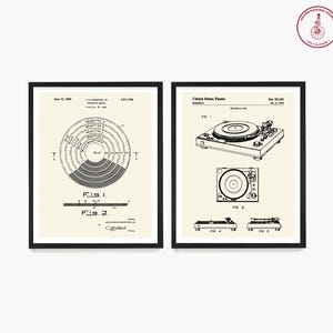 May include: Two black and white patent drawings for a record player. The first drawing shows a circular diagram with concentric circles and the text "Selection 1" through "Selection 10". The second drawing shows a record player with a turntable, tonearm, and a control panel. The text "Fig. 1", "Fig. 2", "Fig. 4", and "Fig. 5" are visible.