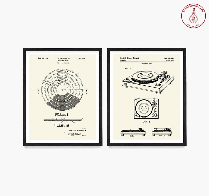 May include: Two black and white patent drawings for a record player. The first drawing shows a circular diagram with concentric circles and the text "Selection 1" through "Selection 10". The second drawing shows a record player with a turntable, tonearm, and a control panel. The text "Fig. 1", "Fig. 2", "Fig. 4", and "Fig. 5" are visible.