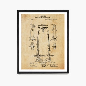May include: Framed patent illustration of parallel bars for gymnasiums, dated October 15, 1889. The black and white technical drawing shows detailed views of the apparatus, including side and front perspectives, with the inventor's name and patent number.
