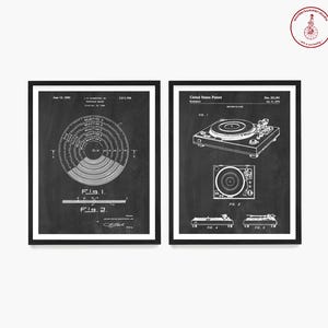 May include: Two black and white vintage patent prints for a record player. The first print shows a diagram of a record player with the text "Fig. 1" and "Fig. 2". The second print shows a diagram of a record player with the text "Fig. 1", "Fig. 2", "Fig. 4", and "Fig. 5".