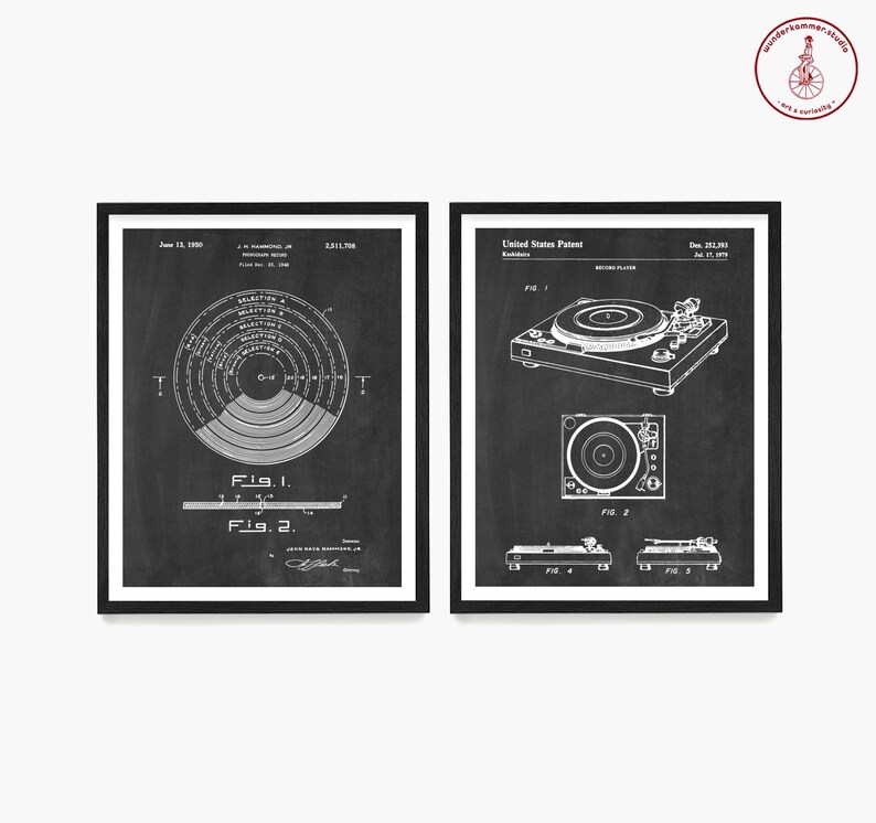 May include: Two black and white vintage patent prints for a record player. The first print shows a diagram of a record player with the text "Fig. 1" and "Fig. 2". The second print shows a diagram of a record player with the text "Fig. 1", "Fig. 2", "Fig. 4", and "Fig. 5".