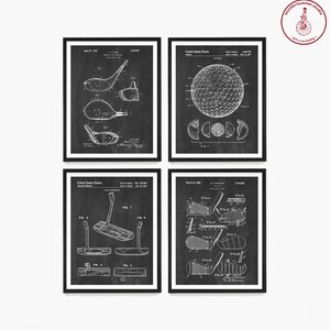 May include: Set of four black and white vintage golf patent prints. Each print features a different golf club or golf ball design. The prints are framed in black frames.