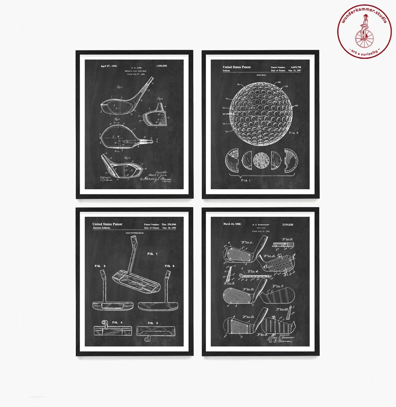 May include: Set of four black and white vintage golf patent prints. Each print features a different golf club or golf ball design. The prints are framed in black frames.