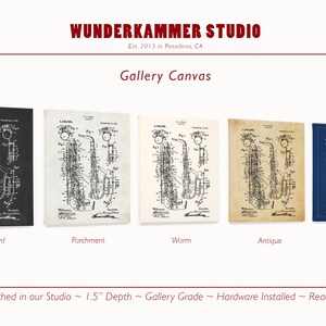 May include: Five different gallery canvas prints of a vintage saxophone patent drawing. The prints are in the following styles: chalkboard, parchment, warm, antique, and blueprint. The canvas is hand-stretched and 1.5 inches deep. The canvas is gallery grade and comes with hardware installed, ready to hang.