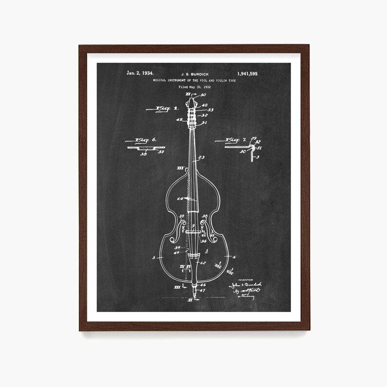 May include: A black and white illustration of a patent for a musical instrument of the viol and violin type. The patent number is 1,941,595 and was filed on May 31, 1932. The illustration shows a detailed drawing of a double bass.